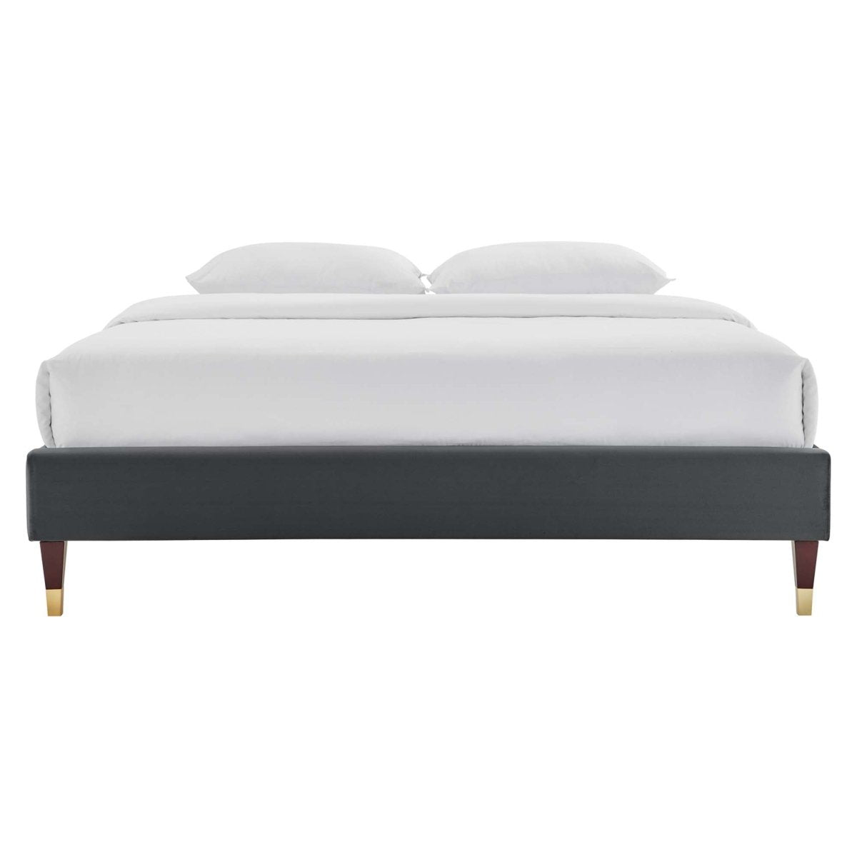 Glam Deco Performance Velvet Platform Bed Frame with Gold Detailed Wood Legs - Platform Bed available at Alpine Outlets in Denver
