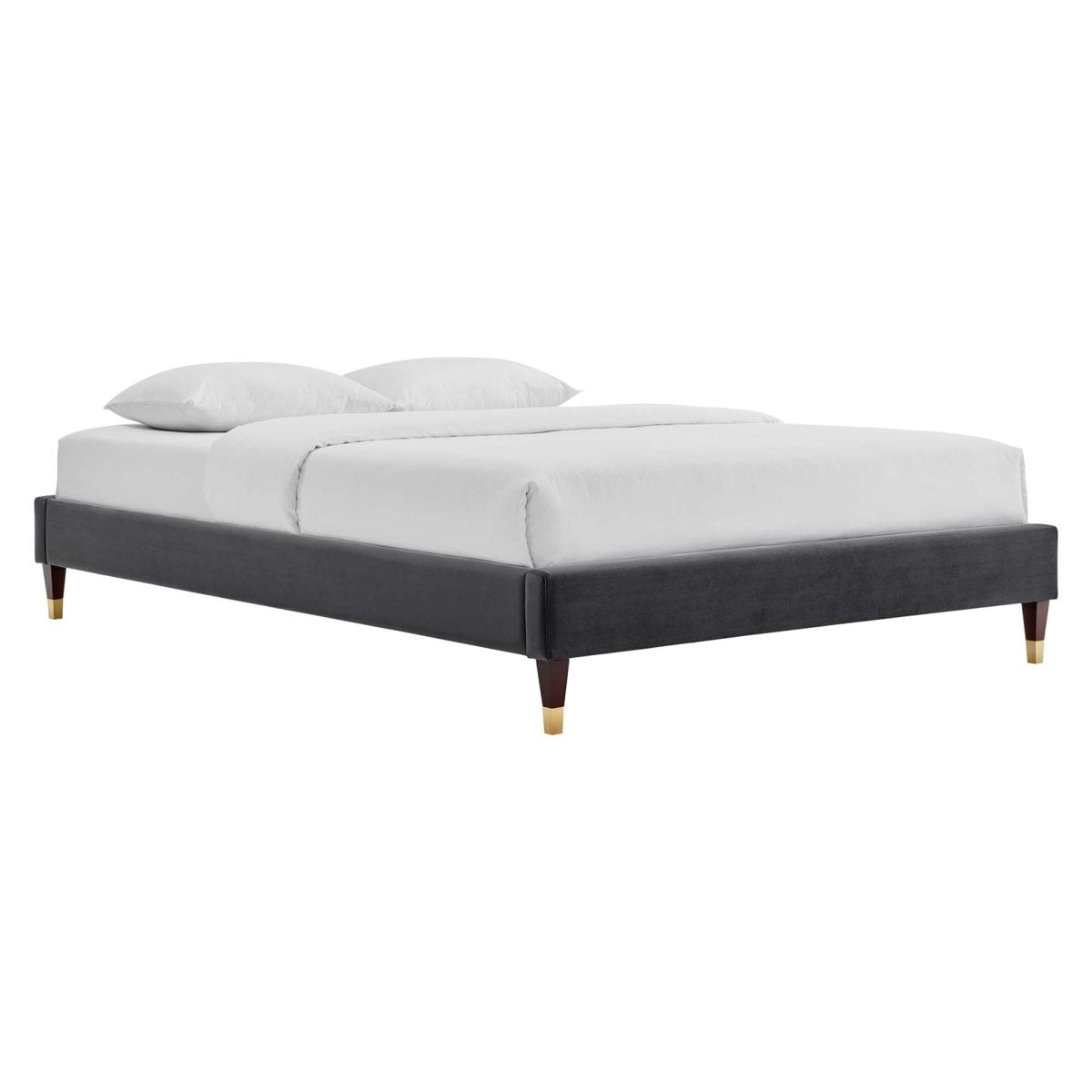 Glam Deco Performance Velvet Platform Bed Frame with Gold Detailed Wood Legs - Platform Bed available at Alpine Outlets in Denver