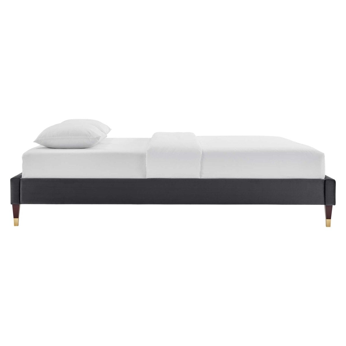 Glam Deco Performance Velvet Platform Bed Frame with Gold Detailed Wood Legs - Platform Bed available at Alpine Outlets in Denver