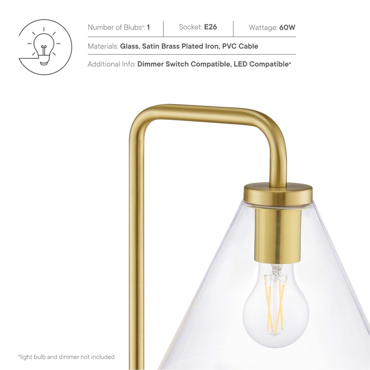 58" Glass Cone Floor Lamp with Metal Base – Satin Brass - Lighting - Alpine Outlets
