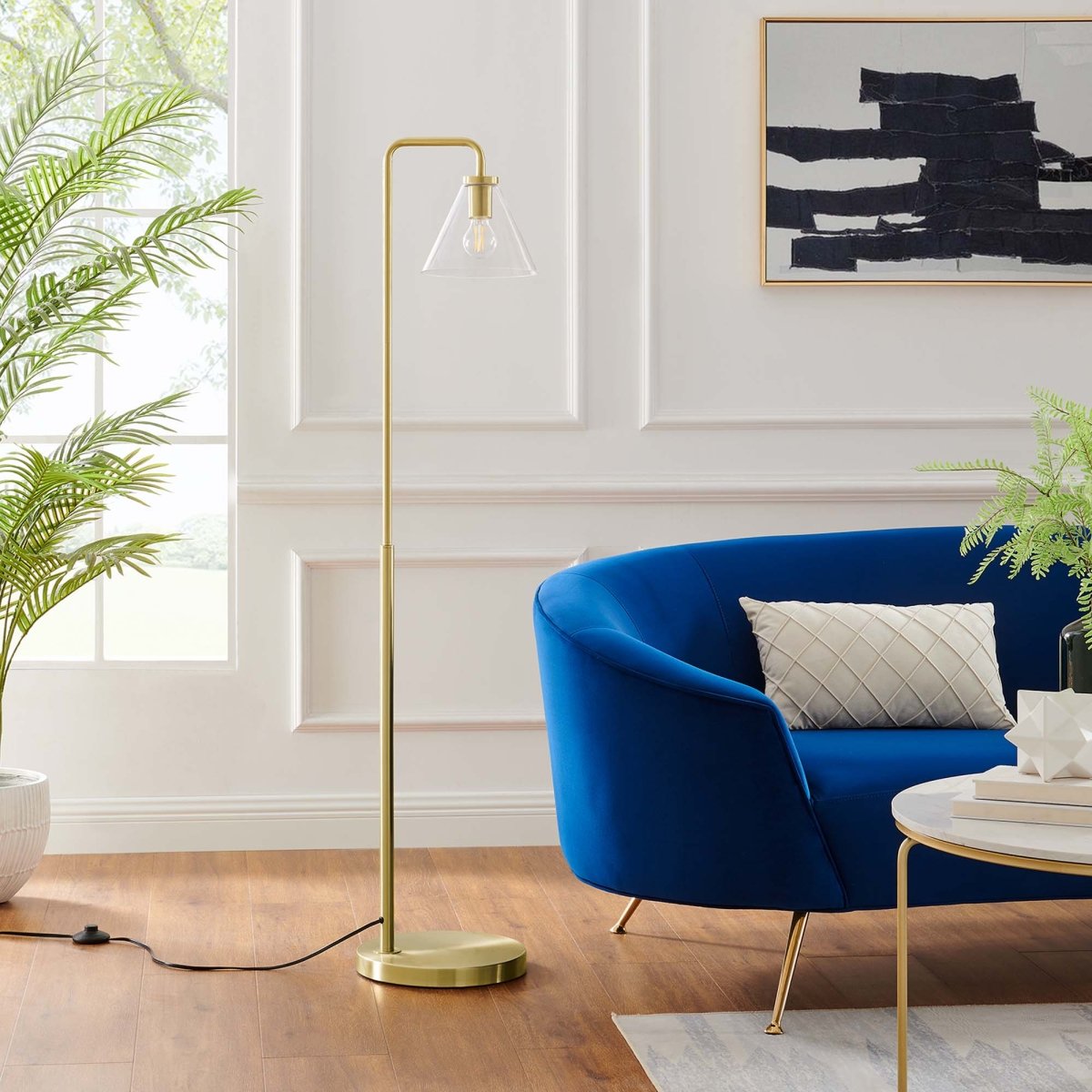 58" Glass Cone Floor Lamp with Metal Base – Satin Brass - Lighting - Alpine Outlets