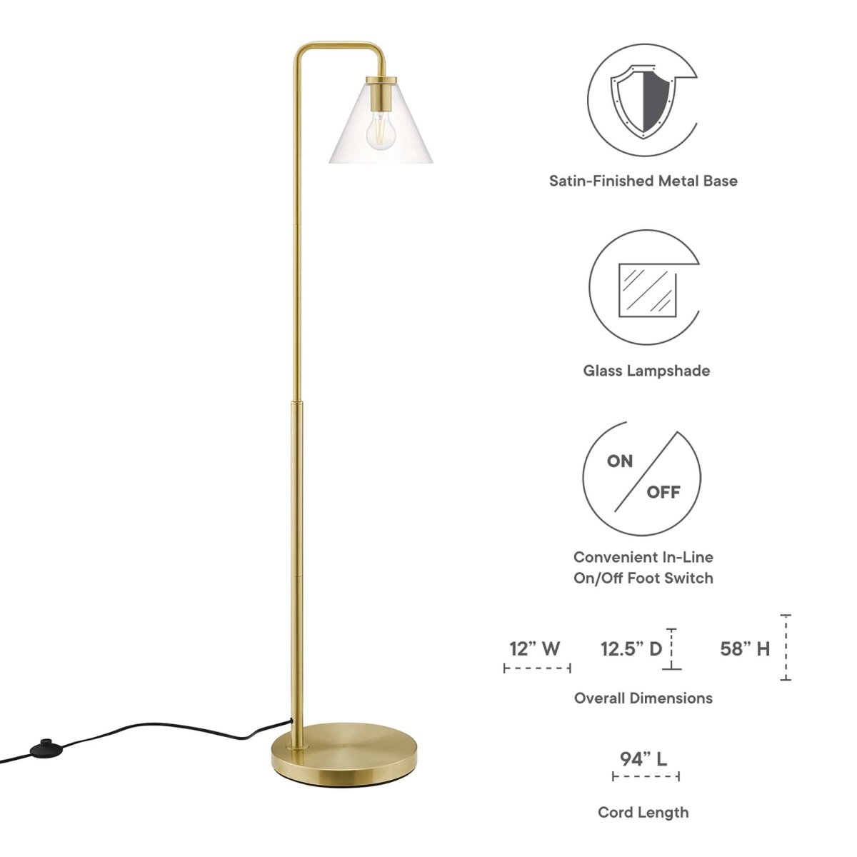 58" Glass Cone Floor Lamp with Metal Base – Satin Brass - Lighting - Alpine Outlets