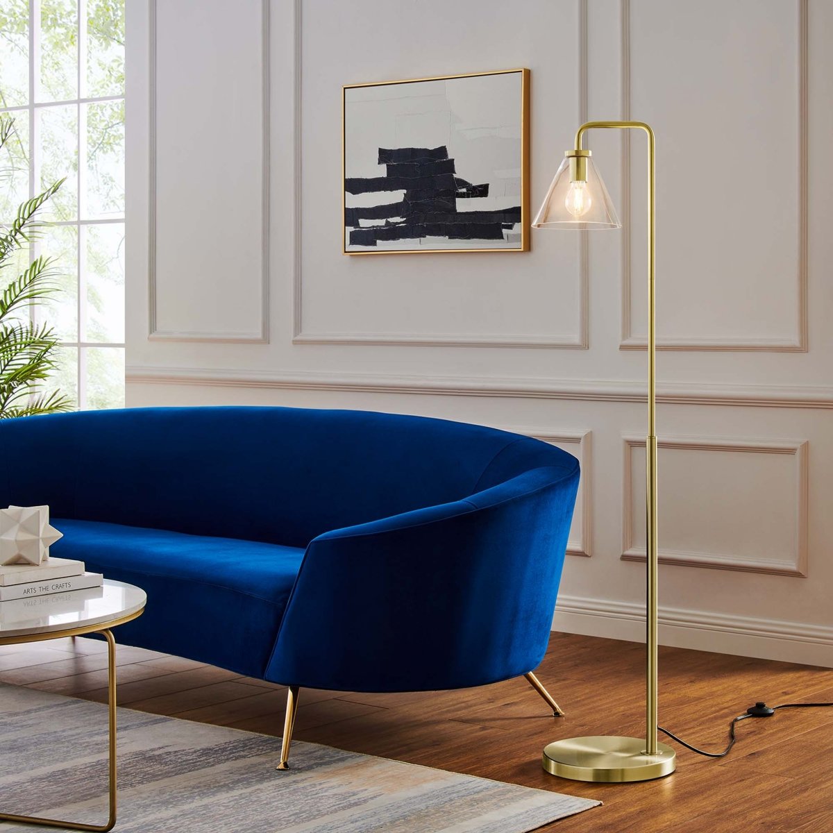 58" Glass Cone Floor Lamp with Metal Base – Satin Brass - Lighting - Alpine Outlets