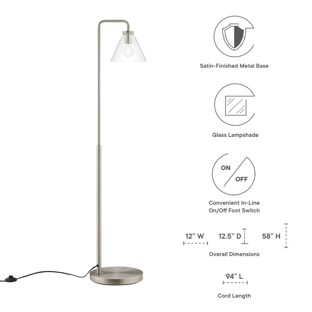 58" Glass Cone Floor Lamp with Metal Base – Satin Nickel - Lighting - Alpine Outlets