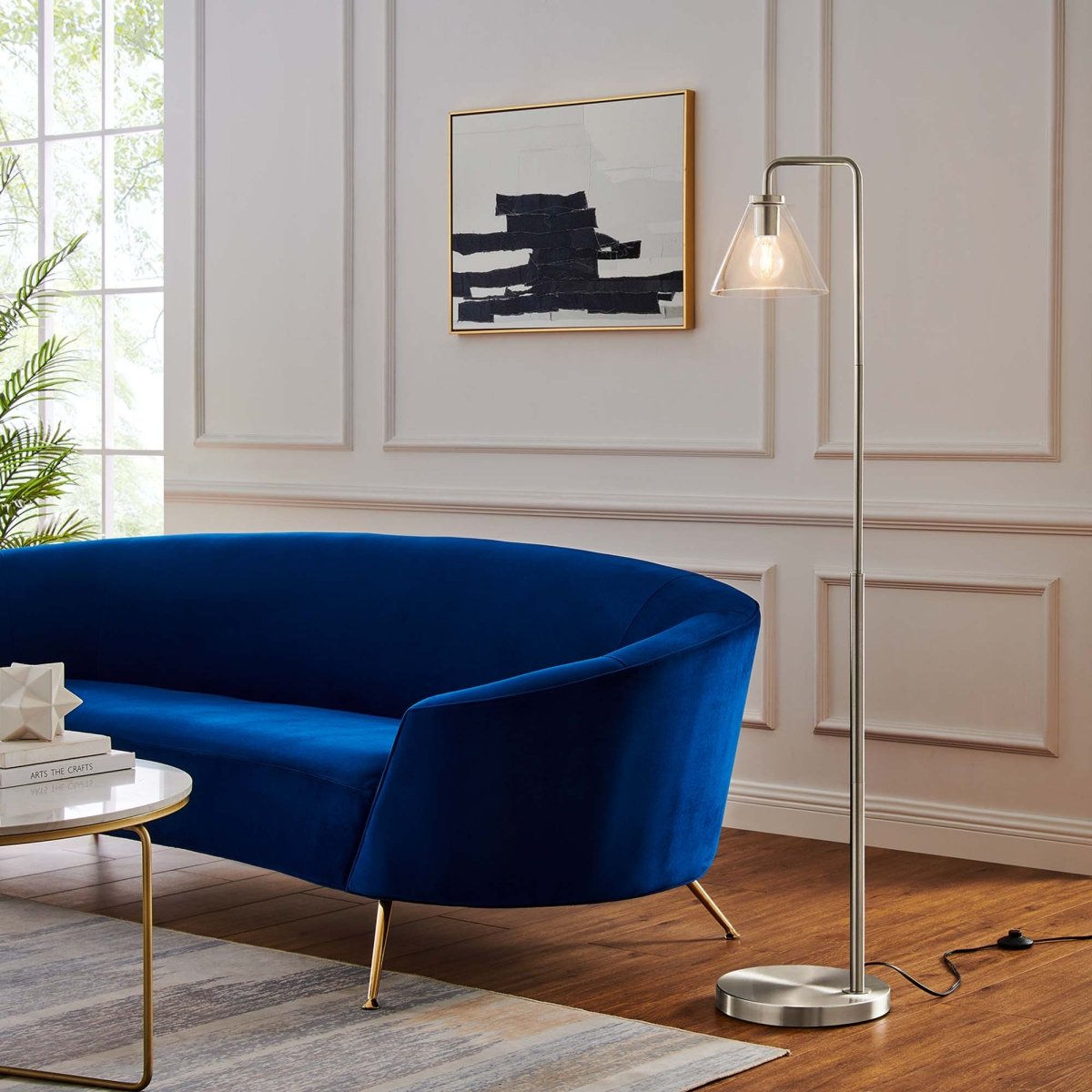 58" Glass Cone Floor Lamp with Metal Base – Satin Nickel - Lighting - Alpine Outlets