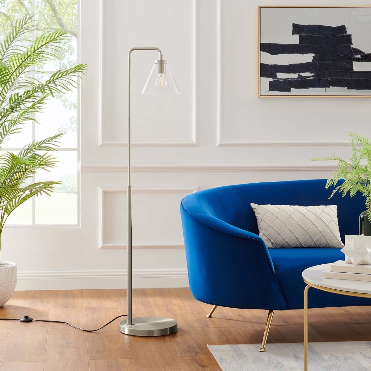 58" Glass Cone Floor Lamp with Metal Base – Satin Nickel - Lighting - Alpine Outlets