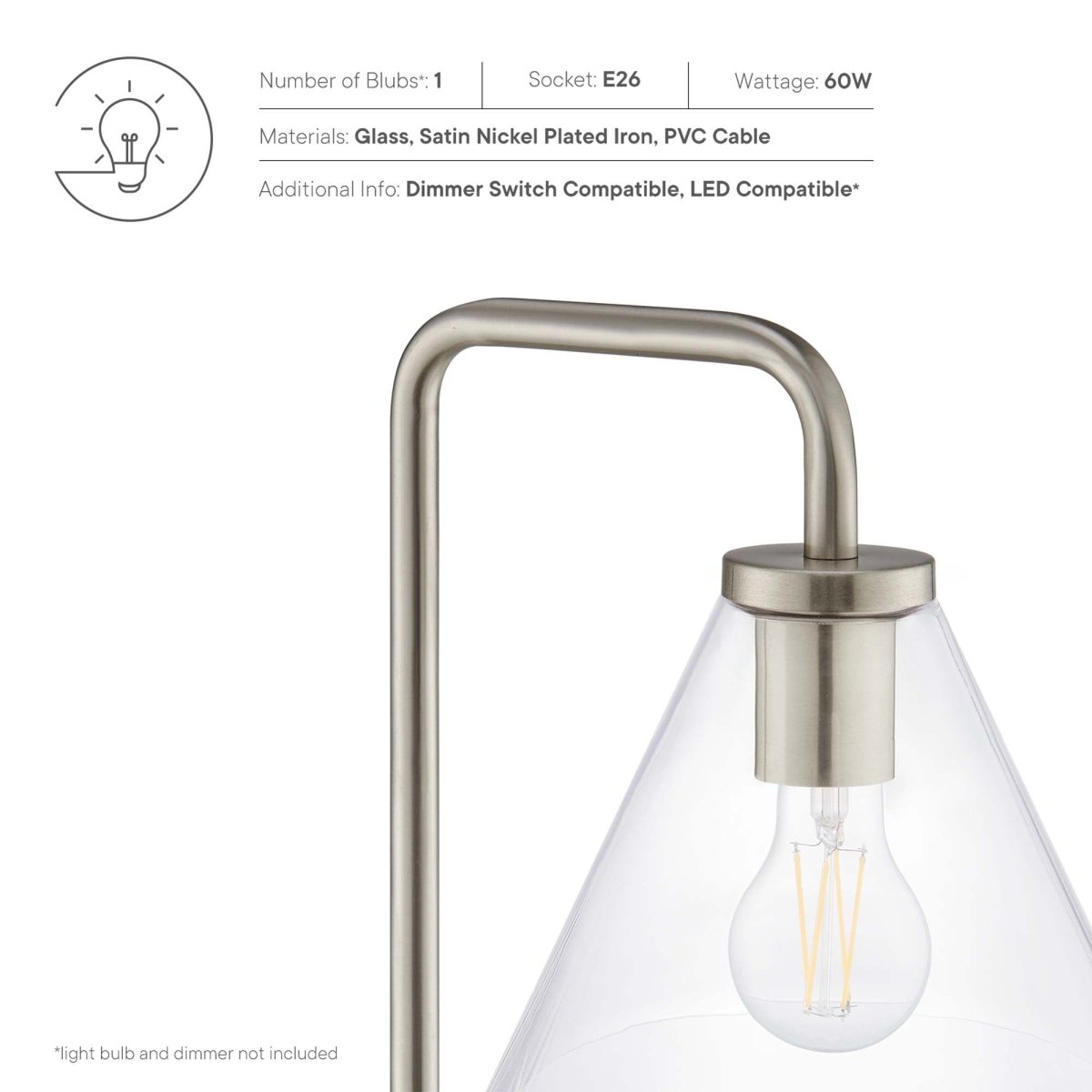 58" Glass Cone Floor Lamp with Metal Base – Satin Nickel - Lighting - Alpine Outlets