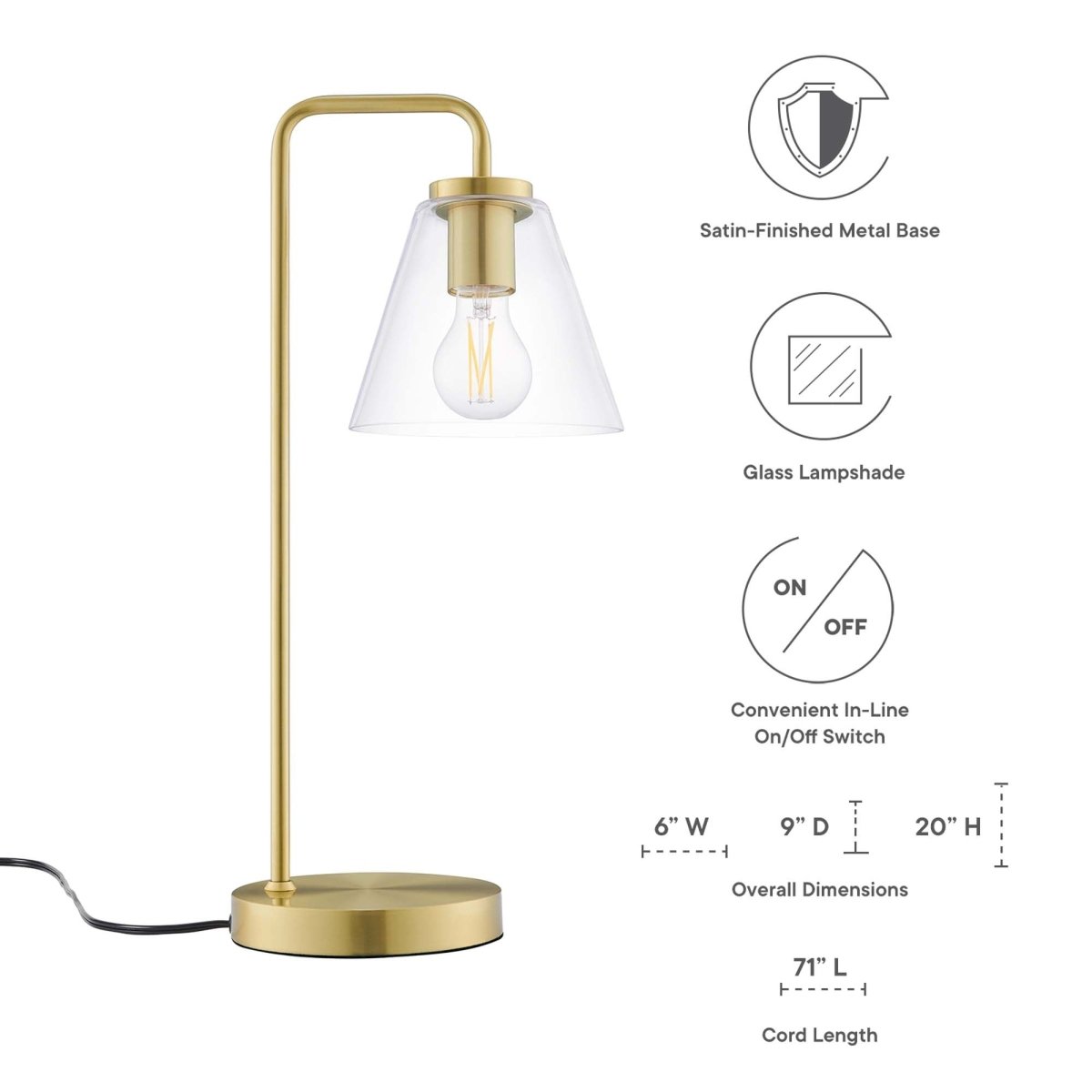 Glass Cone Table Lamp – Satin Brass - Lighting - Alpine Outlets