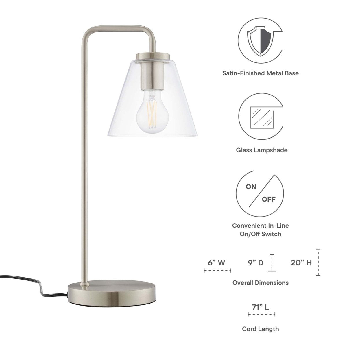 Glass Cone Table Lamp – Satin Nickel - Lighting - Alpine Outlets