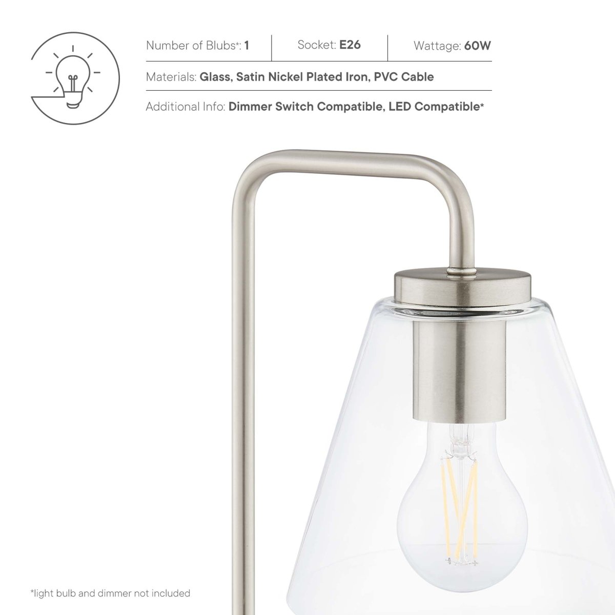 Glass Cone Table Lamp – Satin Nickel - Lighting - Alpine Outlets