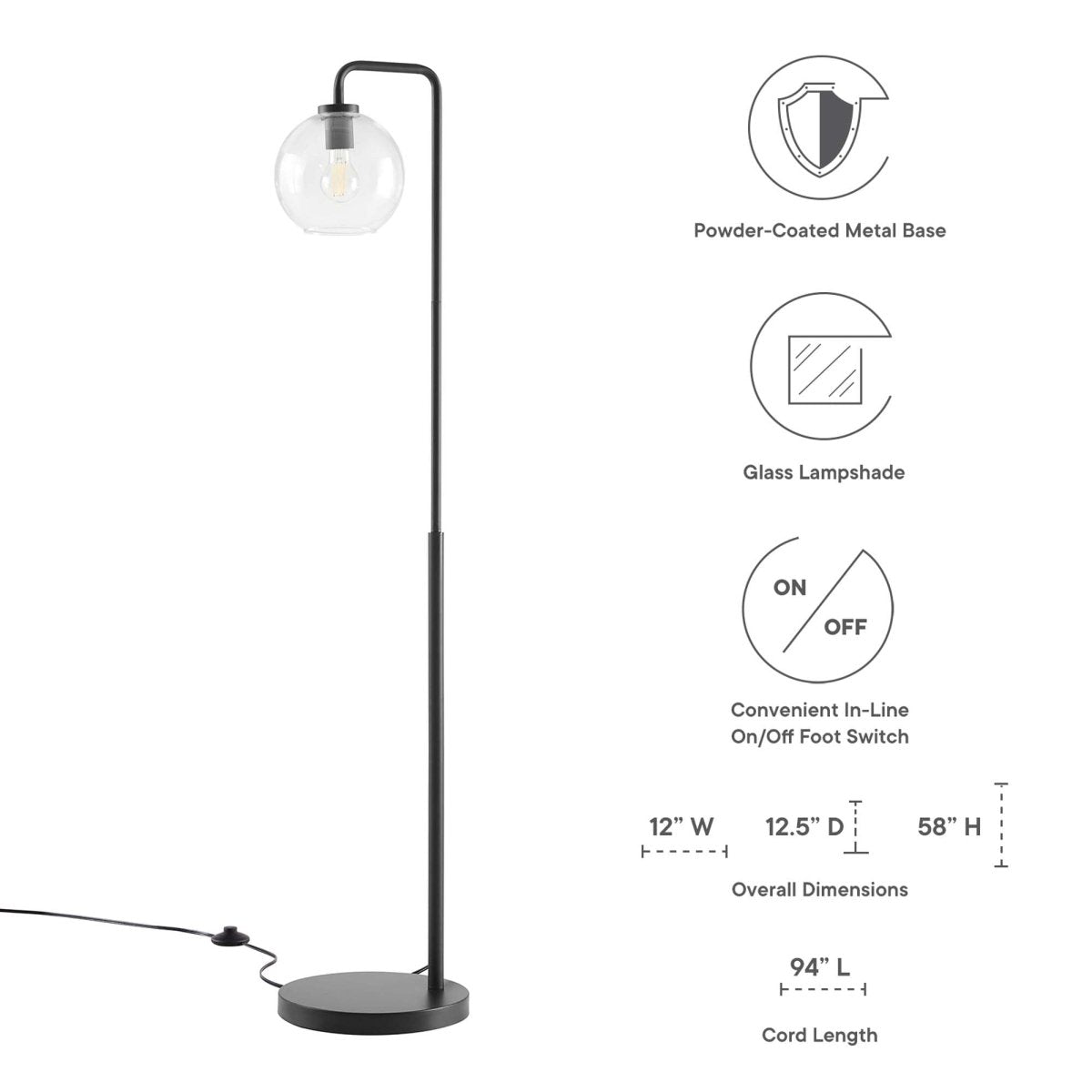58" Glass Globe Floor Lamp with Metal Base – Black - Lighting - Alpine Outlets