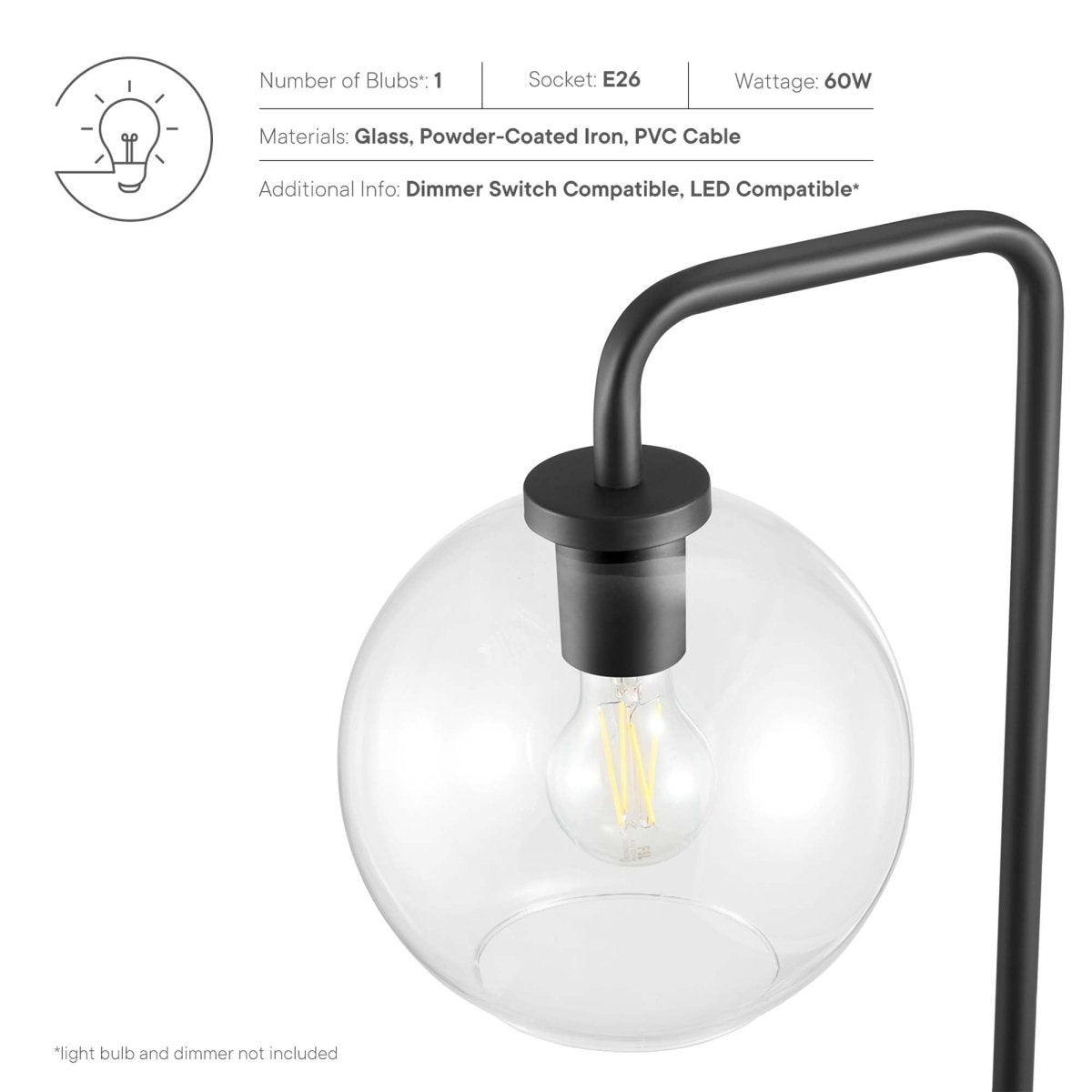 58" Glass Globe Floor Lamp with Metal Base – Black - Lighting - Alpine Outlets
