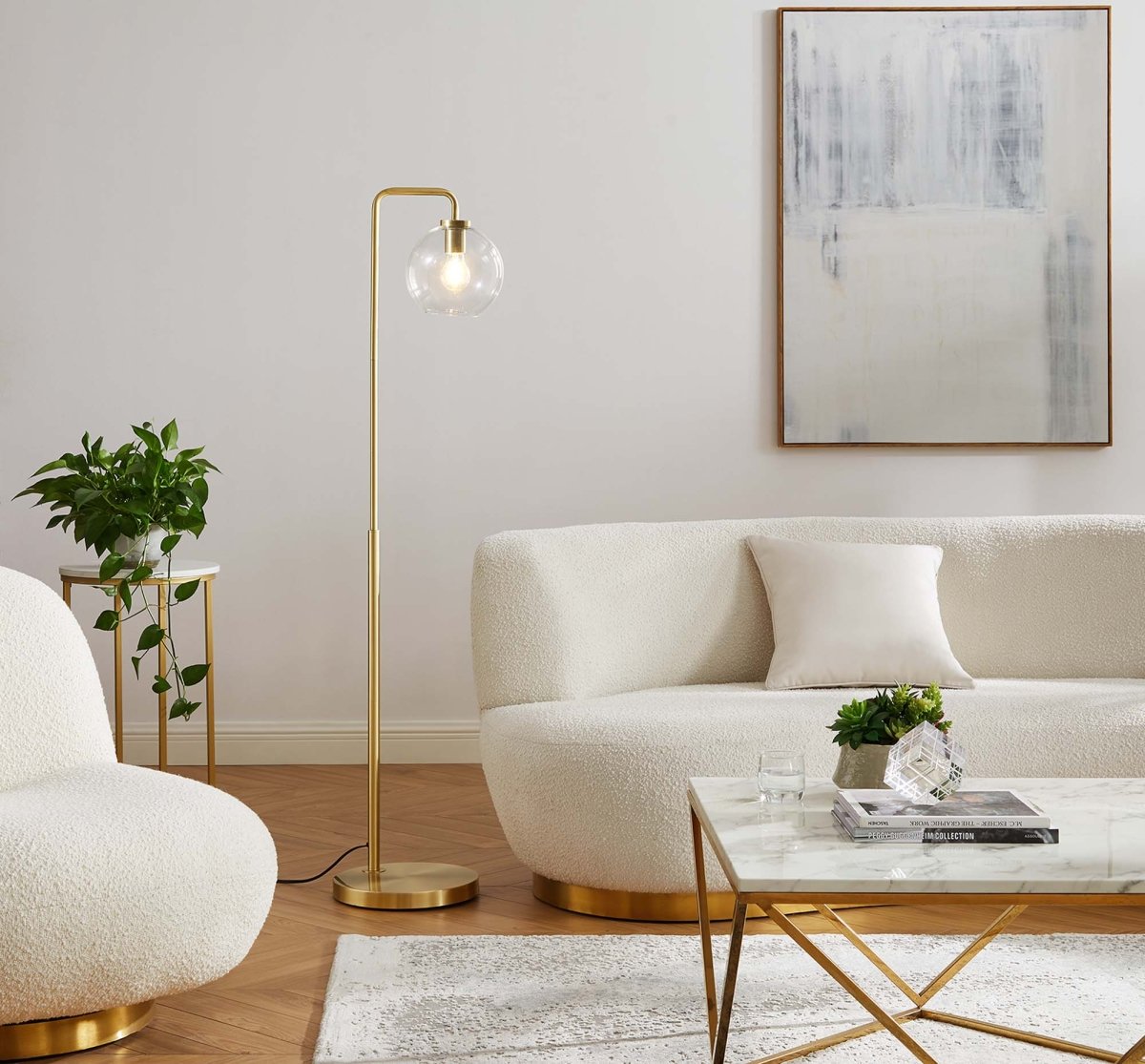 58" Glass Globe Floor Lamp with Metal Base – Satin Brass - Lighting - Alpine Outlets