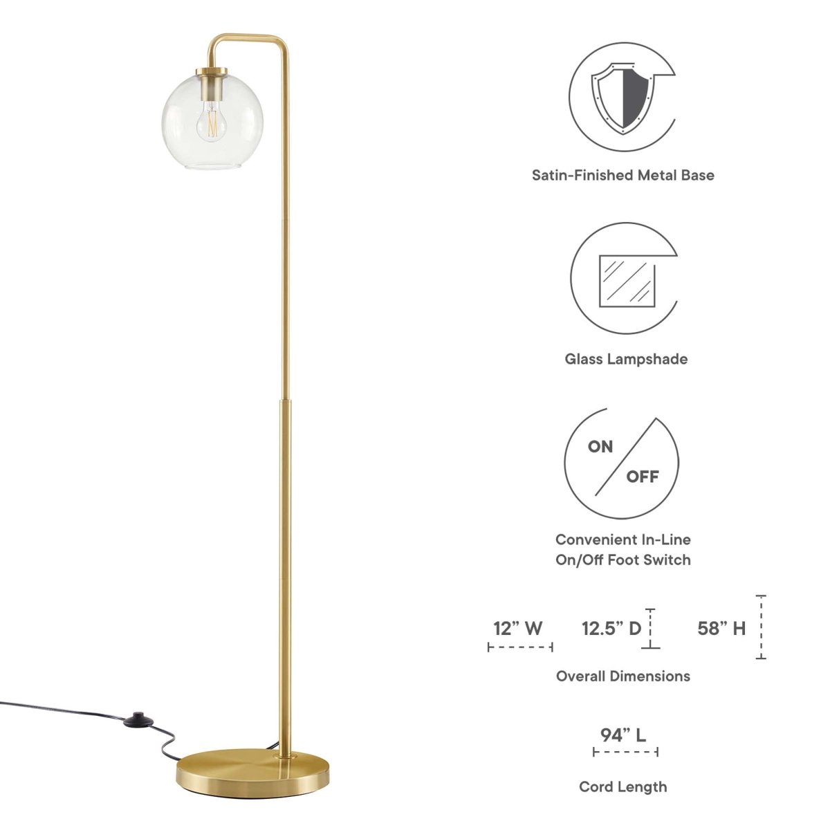 58" Glass Globe Floor Lamp with Metal Base – Satin Brass - Lighting - Alpine Outlets