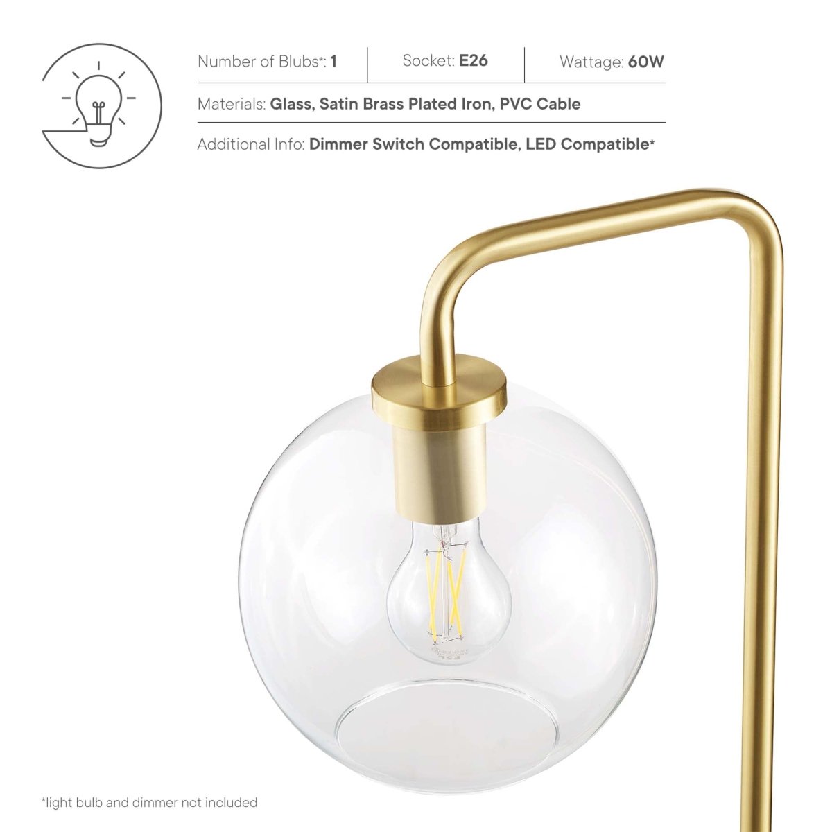 58" Glass Globe Floor Lamp with Metal Base – Satin Brass - Lighting - Alpine Outlets