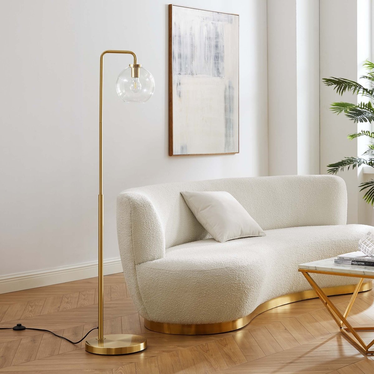 58" Glass Globe Floor Lamp with Metal Base – Satin Brass - Lighting - Alpine Outlets