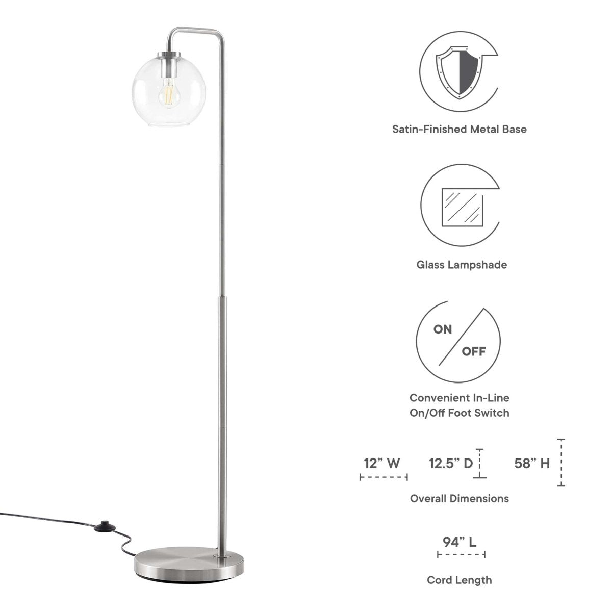 58" Glass Globe Floor Lamp with Metal Base – Satin Nickel - Lighting - Alpine Outlets