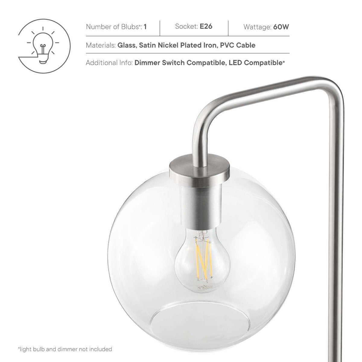 58" Glass Globe Floor Lamp with Metal Base – Satin Nickel - Lighting - Alpine Outlets