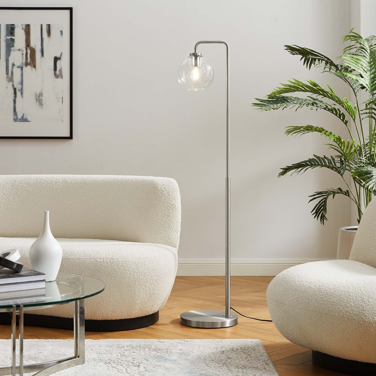 58" Glass Globe Floor Lamp with Metal Base – Satin Nickel - Lighting - Alpine Outlets