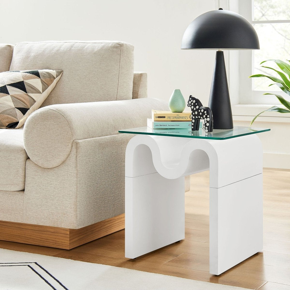 Glass Top Side Table with Wave Base – 17 Inch - End & Side Tables available at Alpine Outlets in Denver