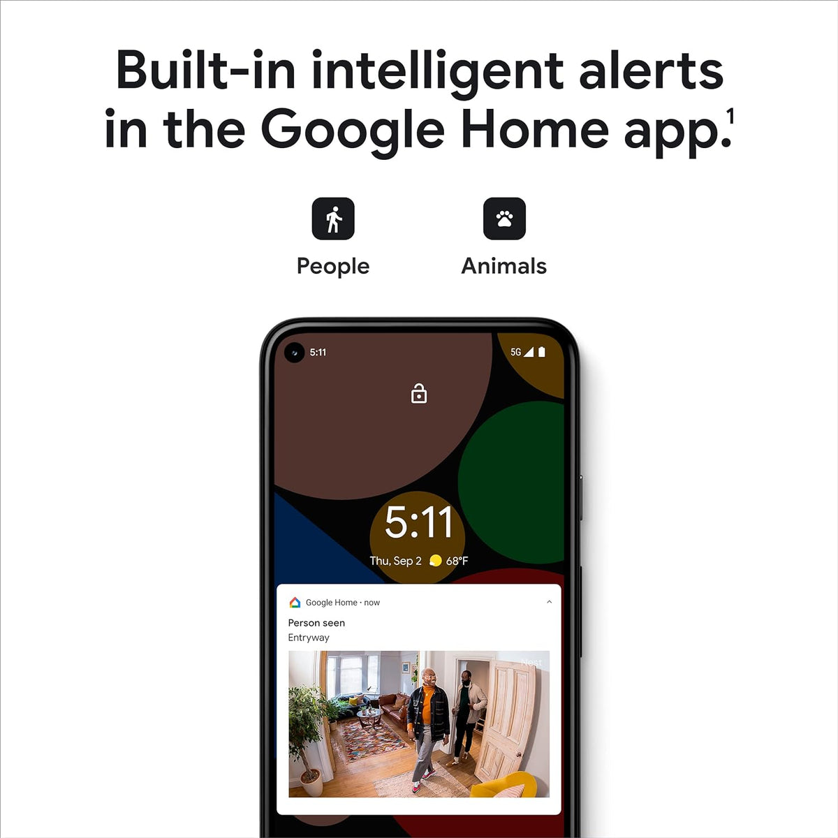 Google Home app intelligent person and animal alert illustration for Nest Cam indoor wired