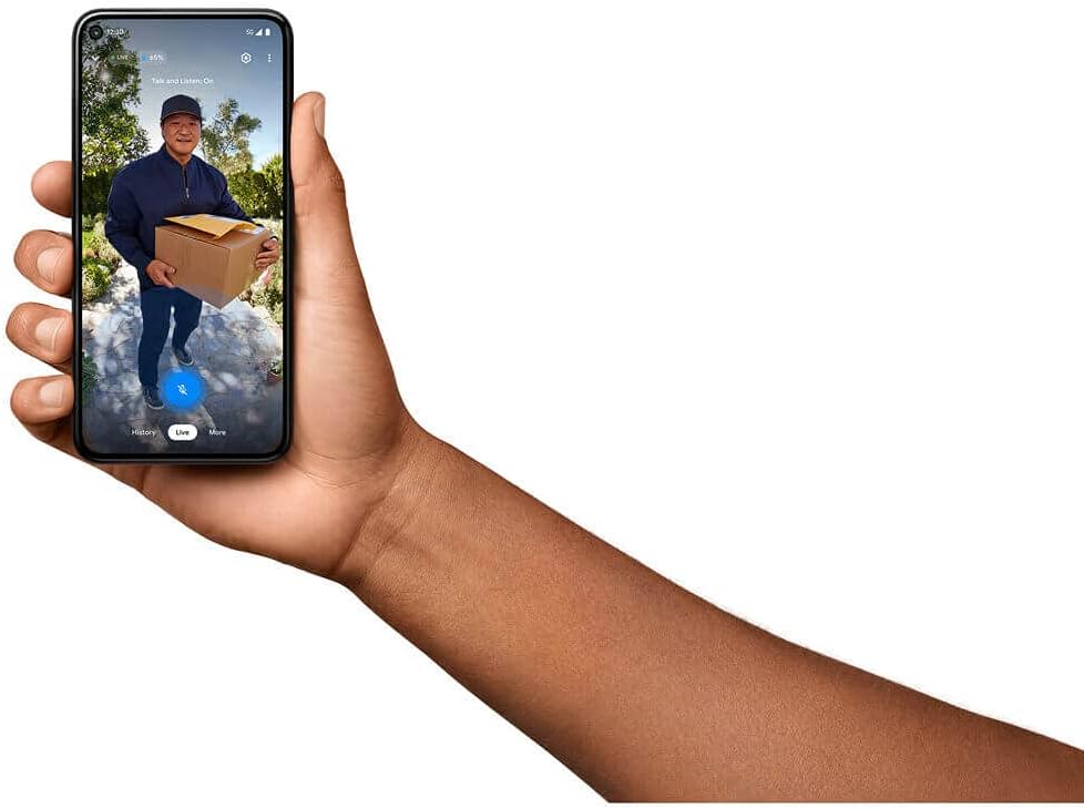 Nest Doorbell battery live video and two-way talk illustrated on a smartphone