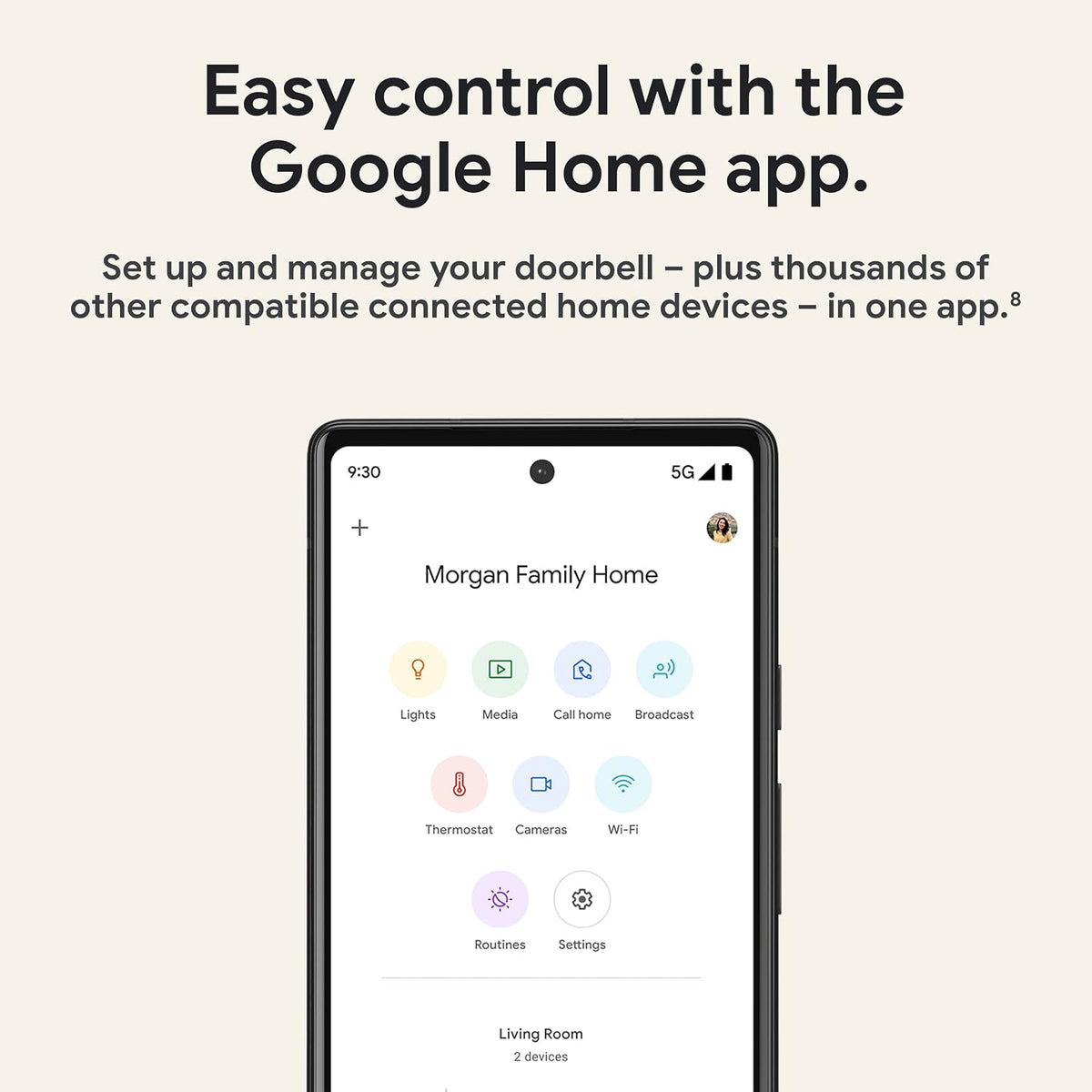 Google Home app setup and control illustration for Nest Doorbell wired second generation