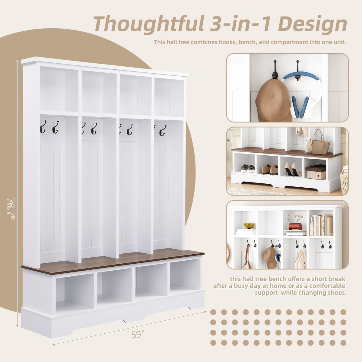 Hall Tree With 8 Hooks, Practical Entryway Bench With Open Compartments - Hall Trees available at Alpine Outlets in Denver