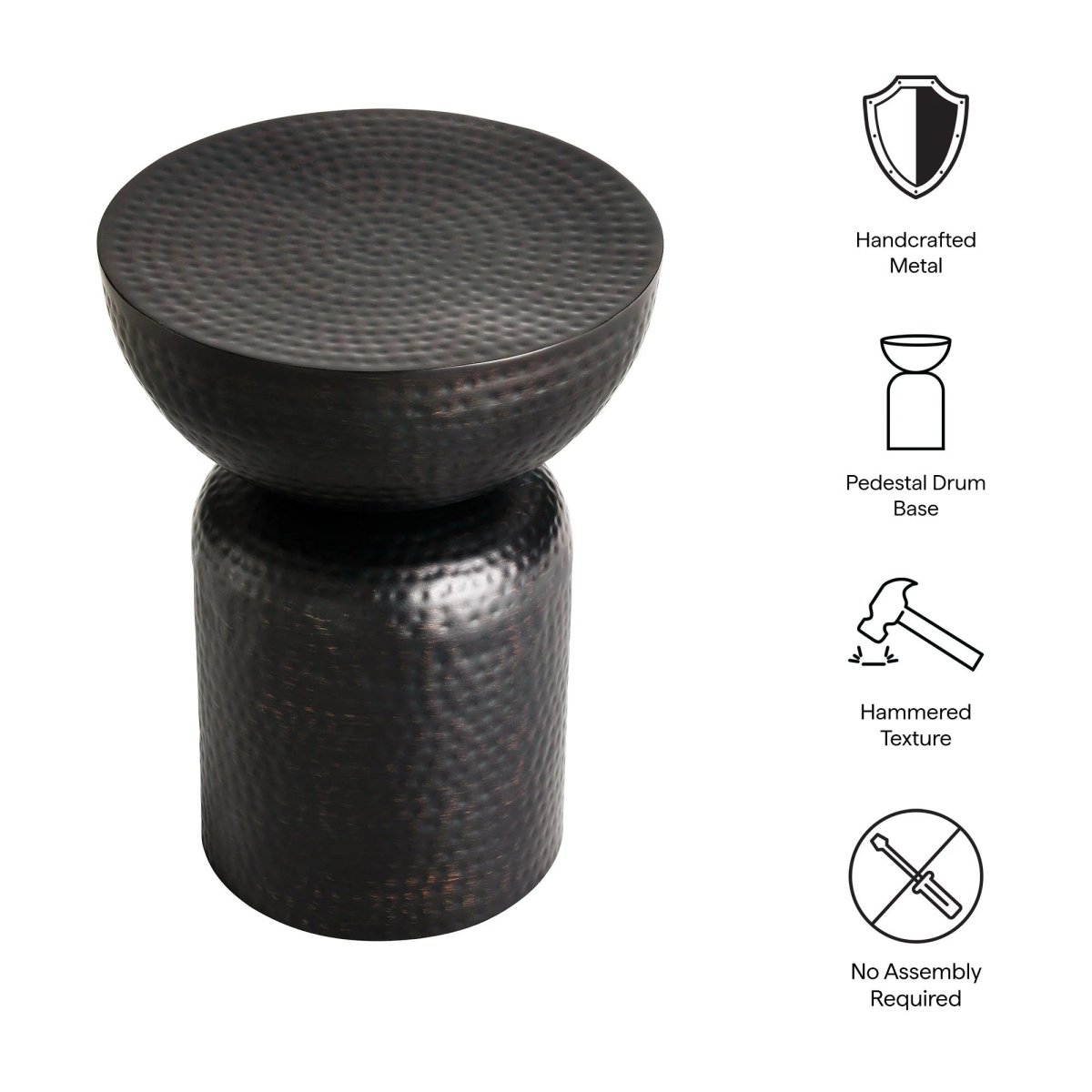 Hammered Metal Side Table Pedestal Drum – Black 15 Inch - End & Side Tables available at Alpine Outlets in Denver