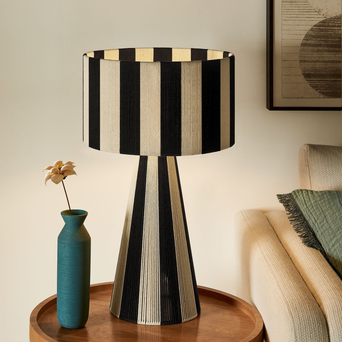 Handwoven Cotton Thread Striped Table Lamp – Black - Lighting - Alpine Outlets