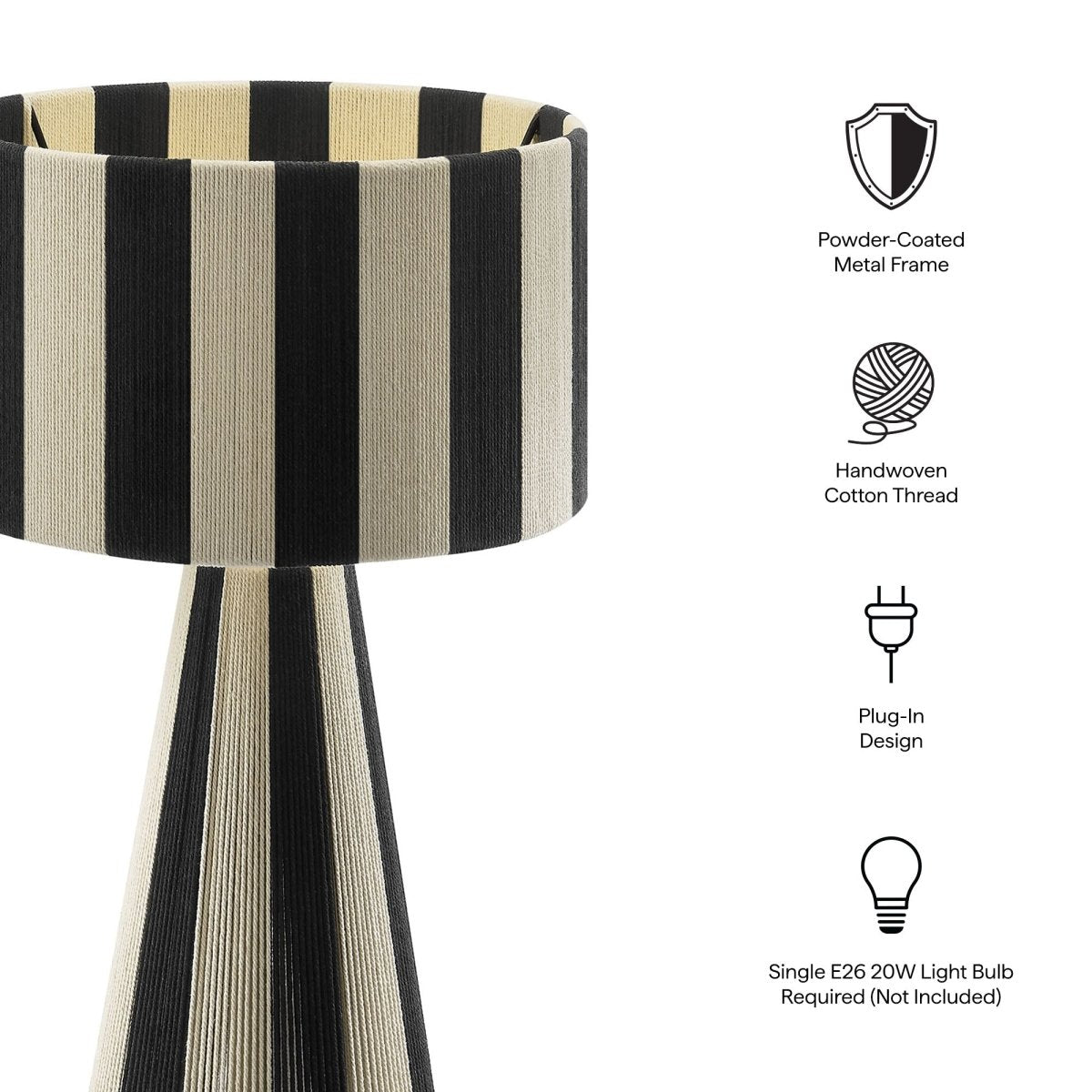 Handwoven Cotton Thread Striped Table Lamp – Black - Lighting - Alpine Outlets
