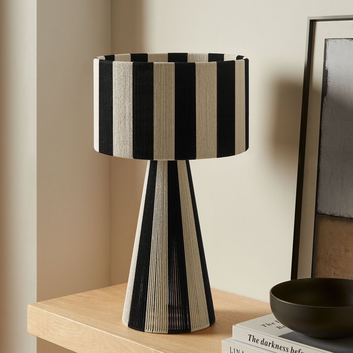 Handwoven Cotton Thread Striped Table Lamp – Black - Lighting - Alpine Outlets