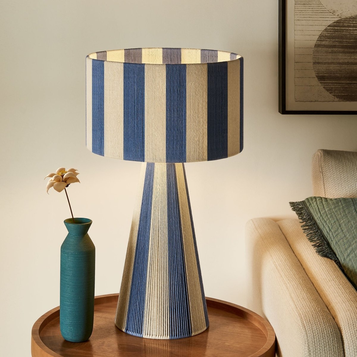 Handwoven Cotton Thread Striped Table Lamp – Capri Blue - Lighting - Alpine Outlets