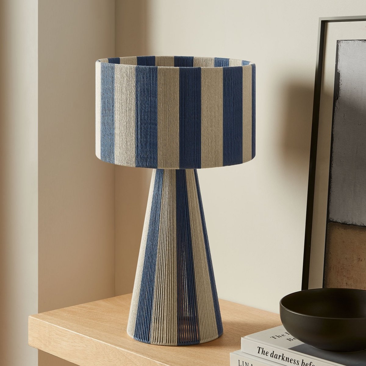 Handwoven Cotton Thread Striped Table Lamp – Capri Blue - Lighting - Alpine Outlets