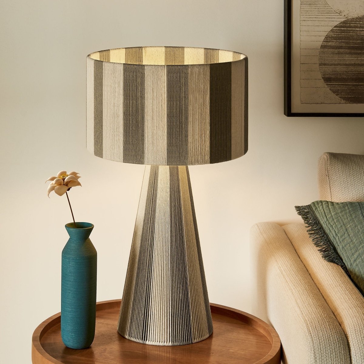 Handwoven Cotton Thread Striped Table Lamp – Cobblestone - Lighting - Alpine Outlets