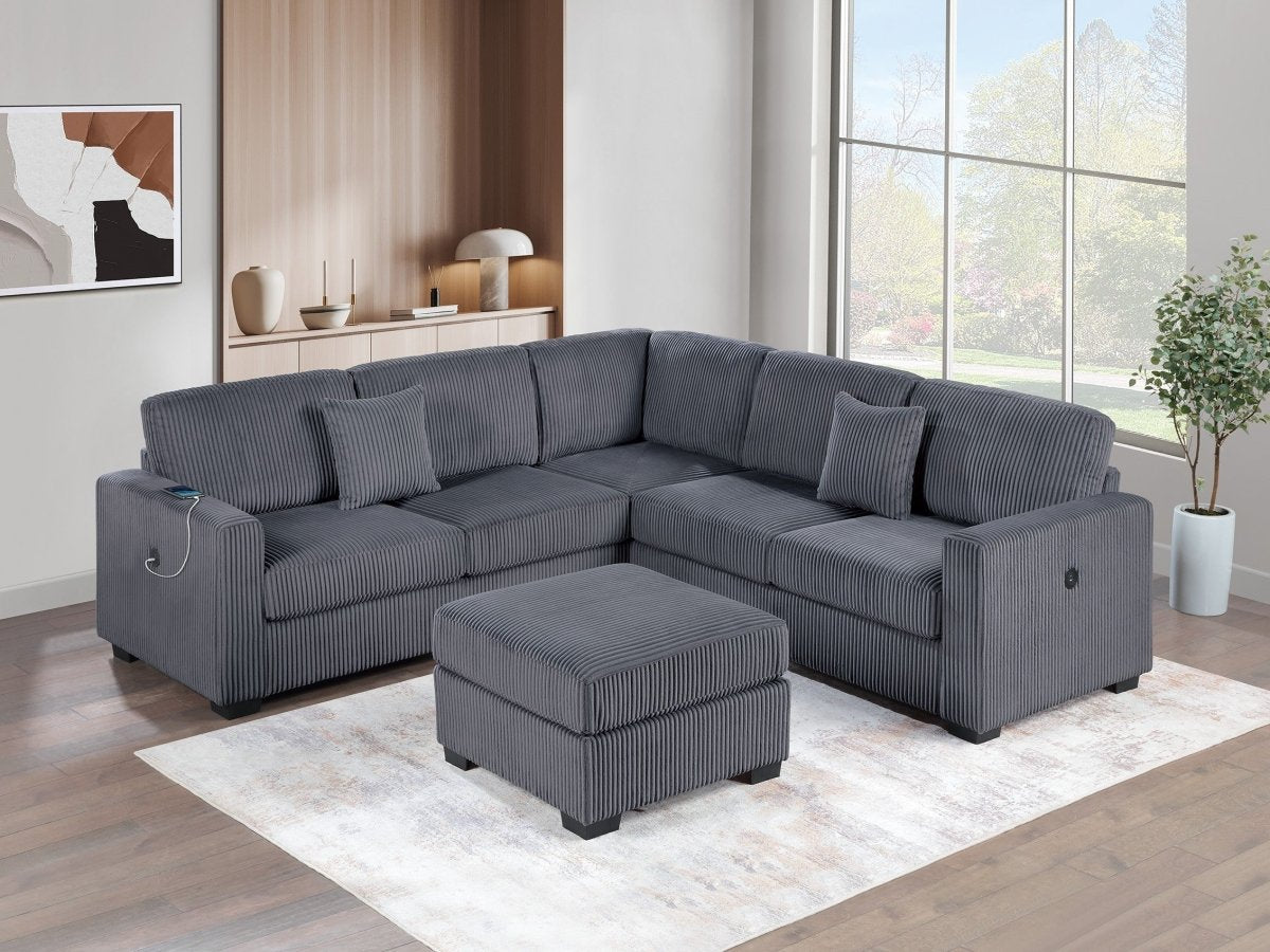 Harper 4-Piece Corduroy Sectional Sofa with USB and Ottoman in Gray - Living Room Furniture - Alpine Outlets