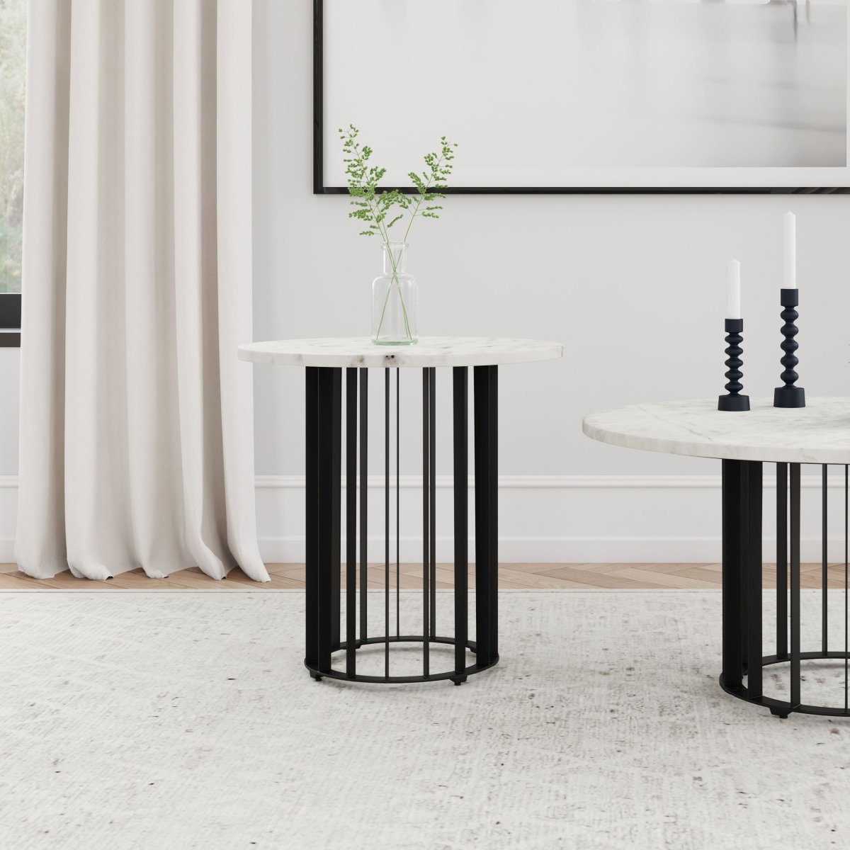 Haven Round White Marble Top End Table with Black Iron Base - End & Side Tables available at Alpine Outlets in Denver