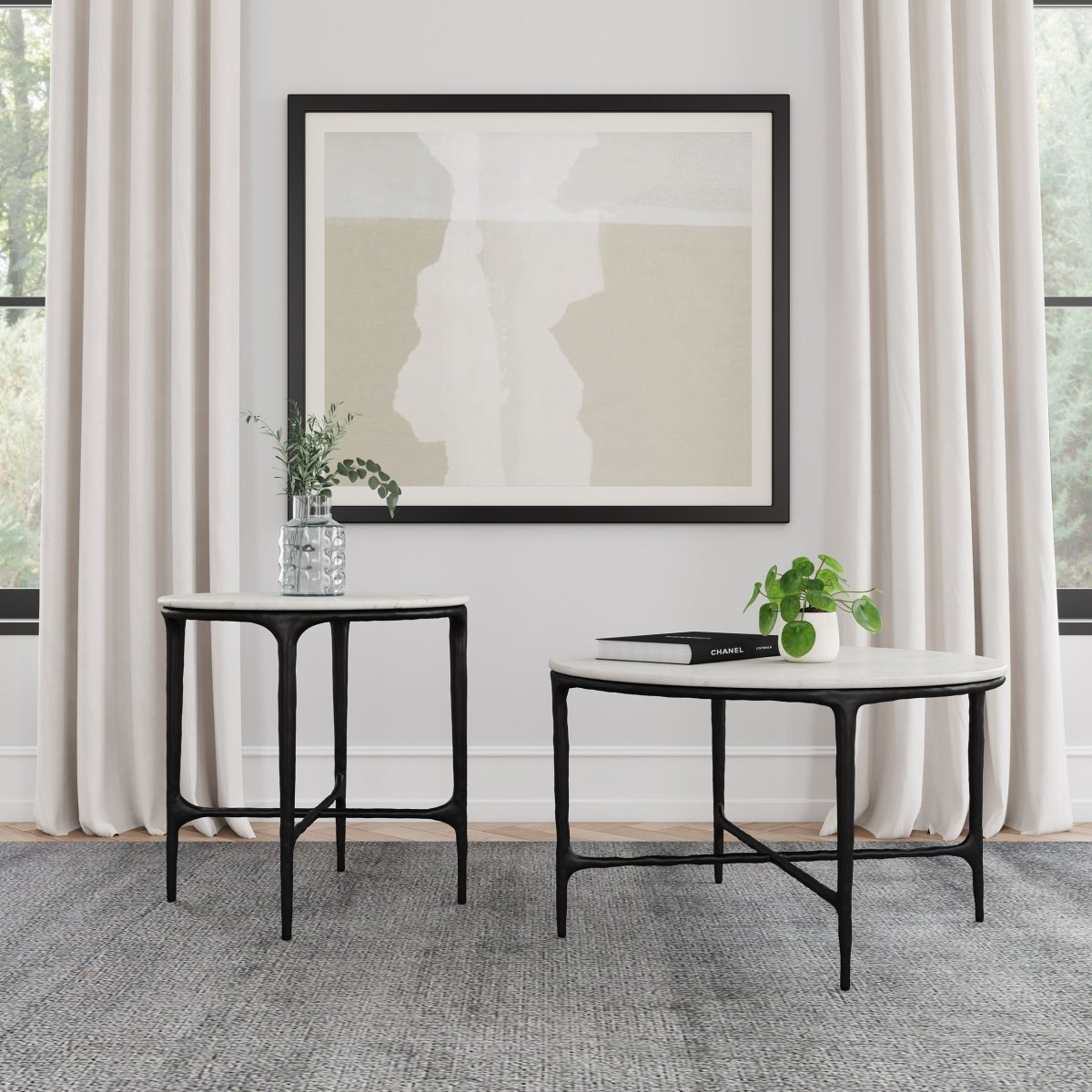 Hermas Round Marble Top Metal End Table, Black - End & Side Tables available at Alpine Outlets in Denver