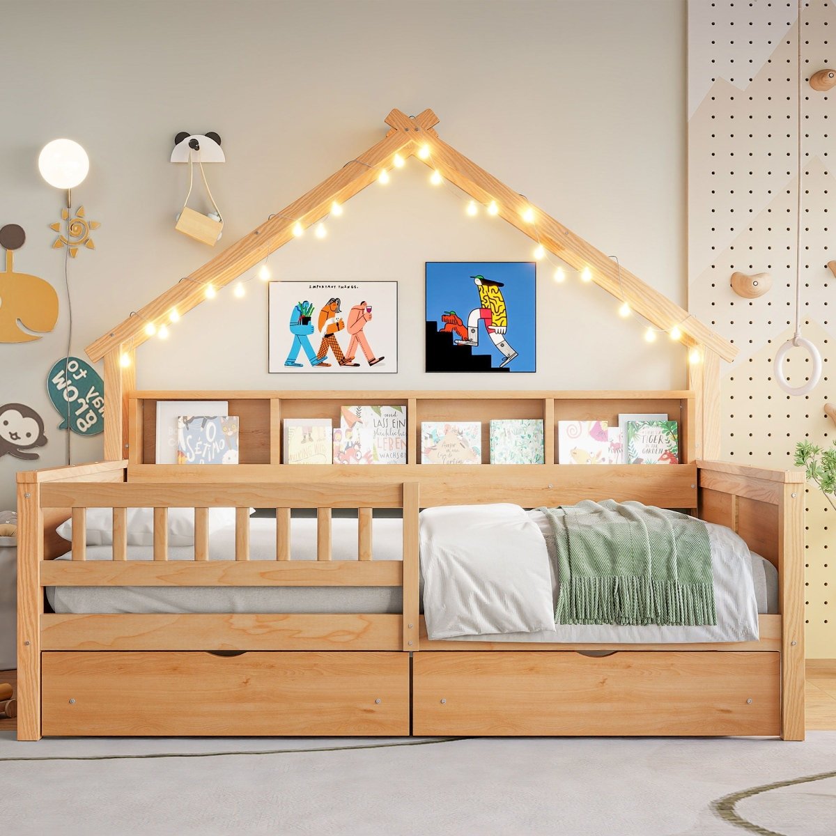 House Style Platform Bed With LED Lights, Storage Shelves, Drawers, And Guardrail - Storage Beds available at Alpine Outlets in Denver