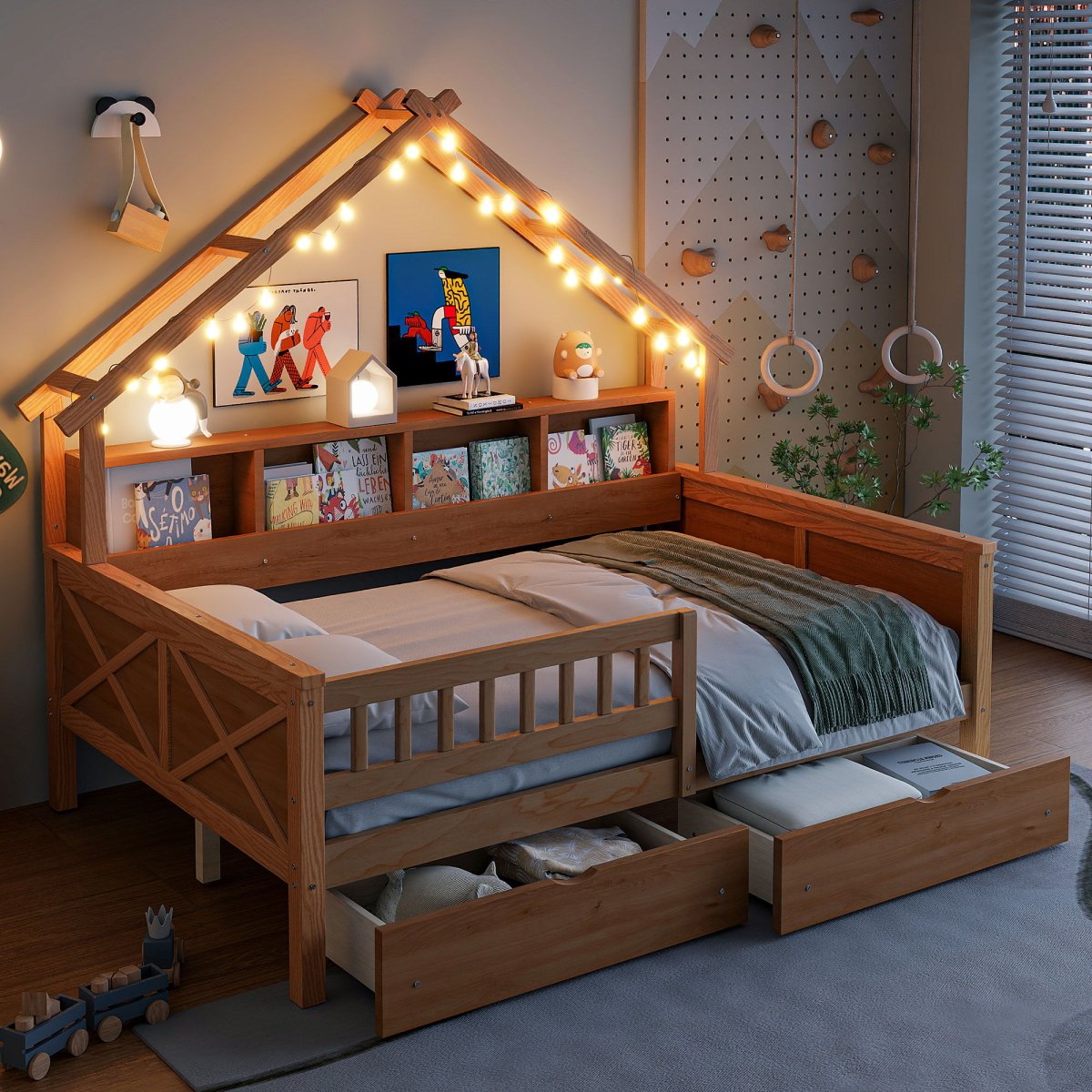 House Style Platform Bed With LED Lights, Storage Shelves, Drawers, And Guardrail - Storage Beds available at Alpine Outlets in Denver