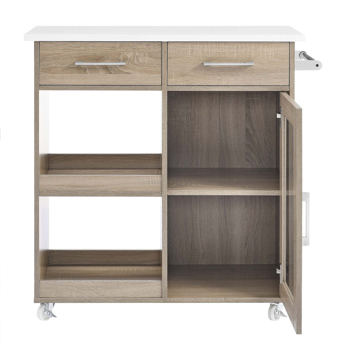 Modern Rolling Kitchen Cart with Rubberwood Top and Towel Bar β 34 Inch