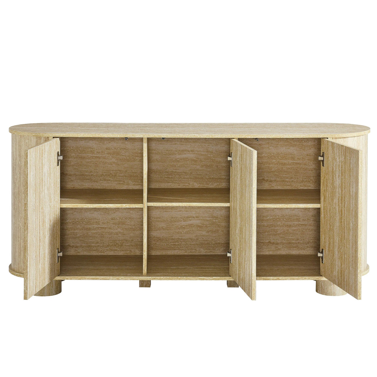 Oval Faux Travertine Sideboard Storage Cabinet – Beige Stone Finish 63 Inch