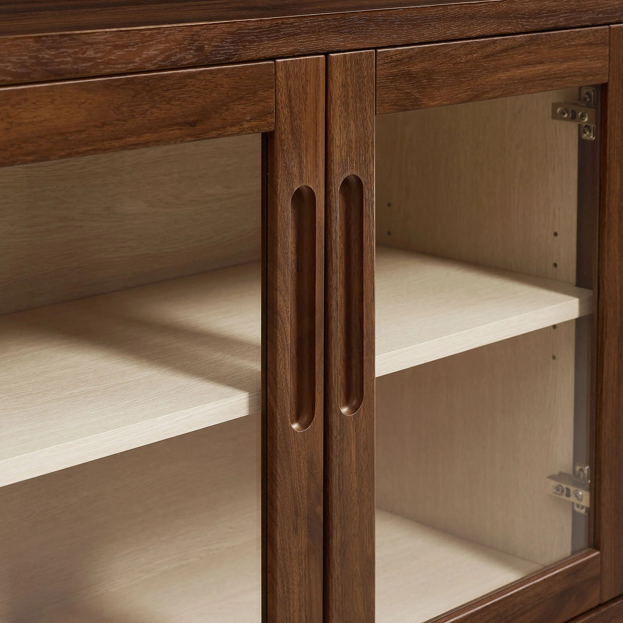 Mid-Century Modern 4-Door Glass Sideboard Storage Cabinet – Walnut 72 Inch