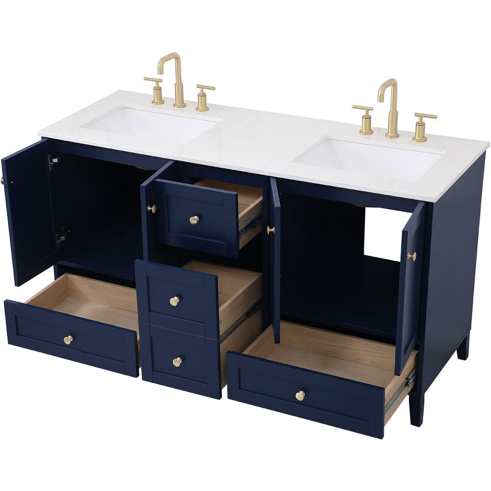 Sommerville 60 Inch Blue Double Sink Vanity with Quartz Top