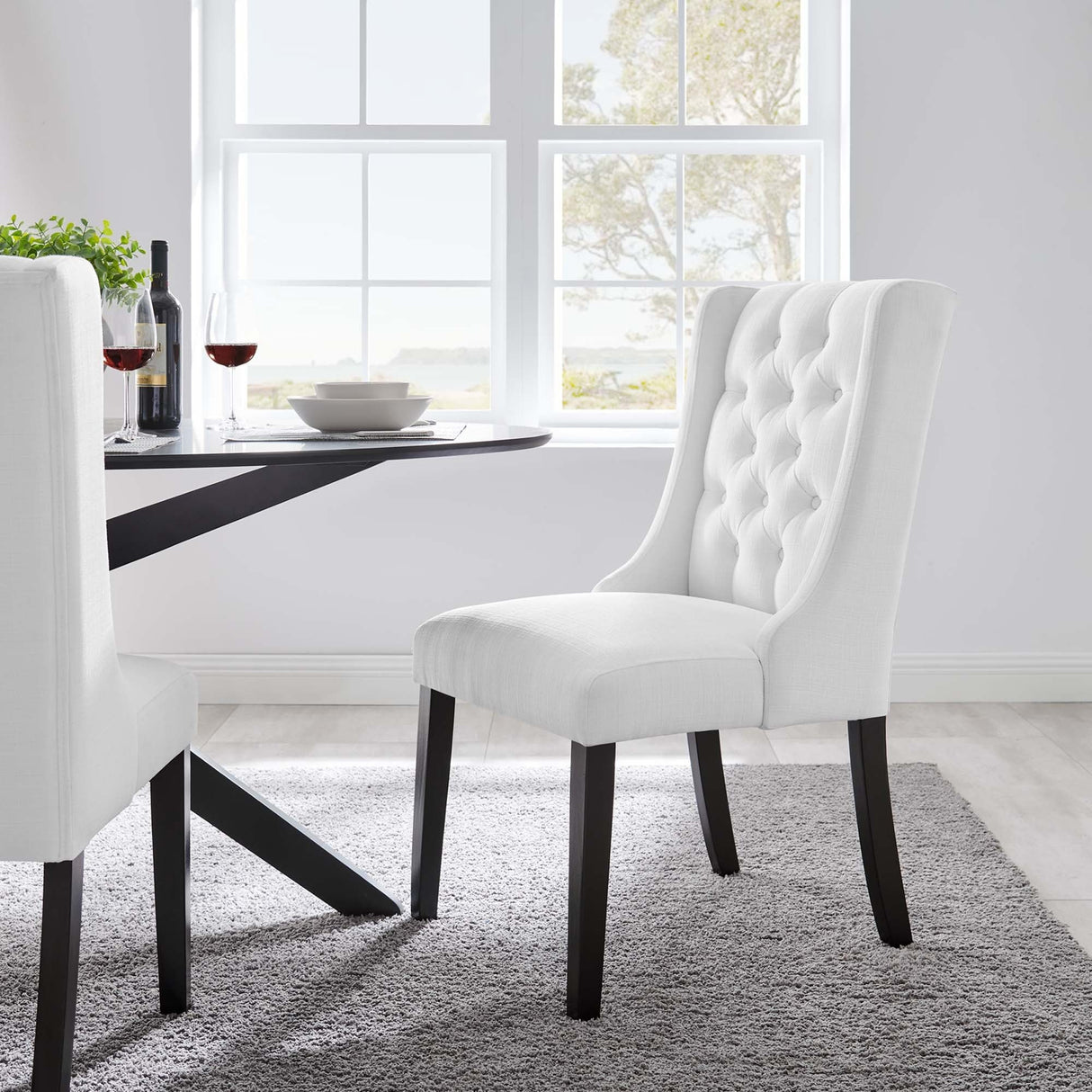 Button Tufted Fabric Dining Side Chair with Wood Legs