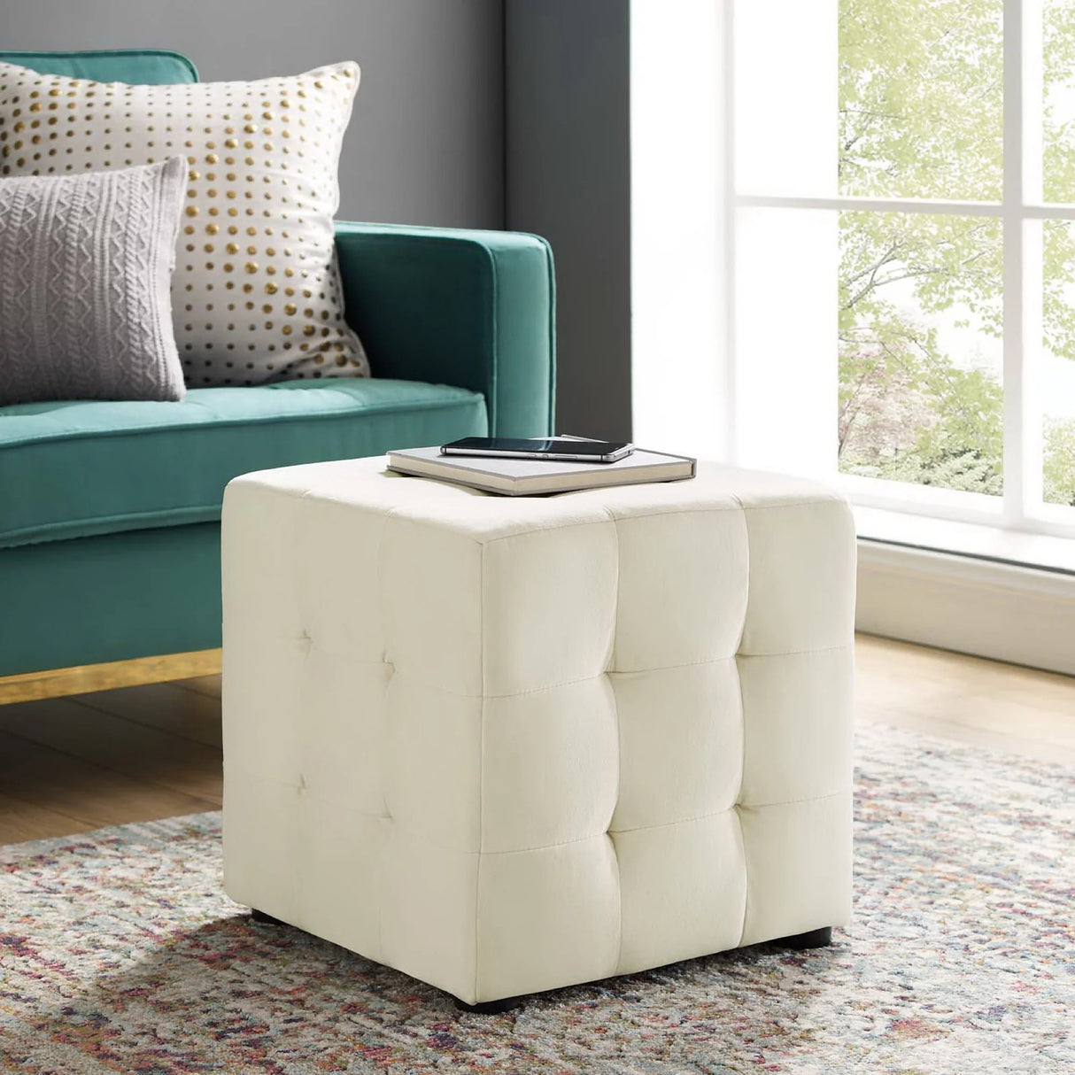 Tufted Cube Velvet Ottoman β 15 Inch Upholstered