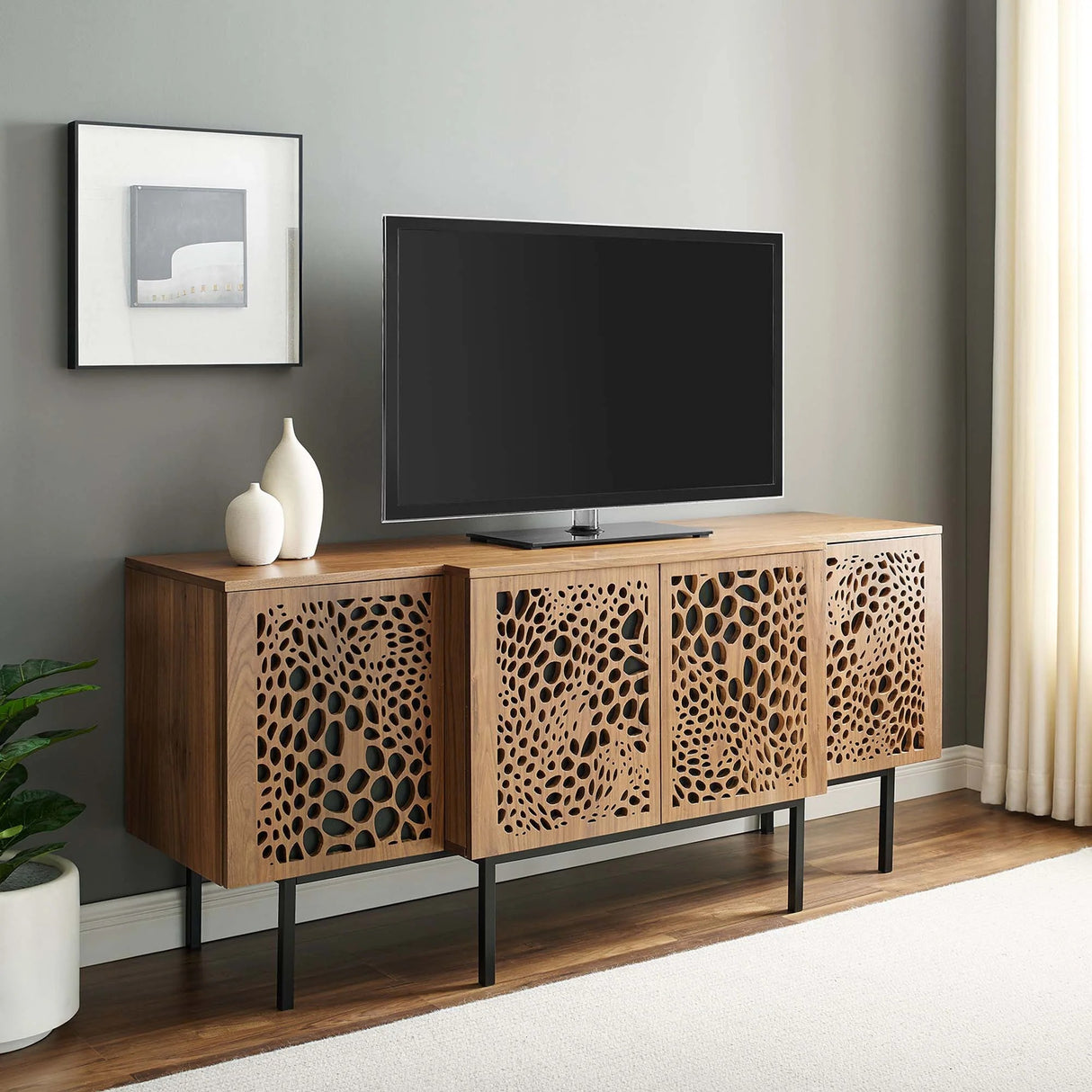 Wood Sideboard Storage Cabinet with Sliding Back Panel – Walnut Finish 73 Inch