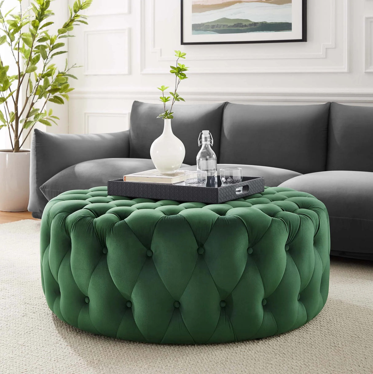 Large Round Tufted Velvet Ottoman – Upholstered 40 Inch