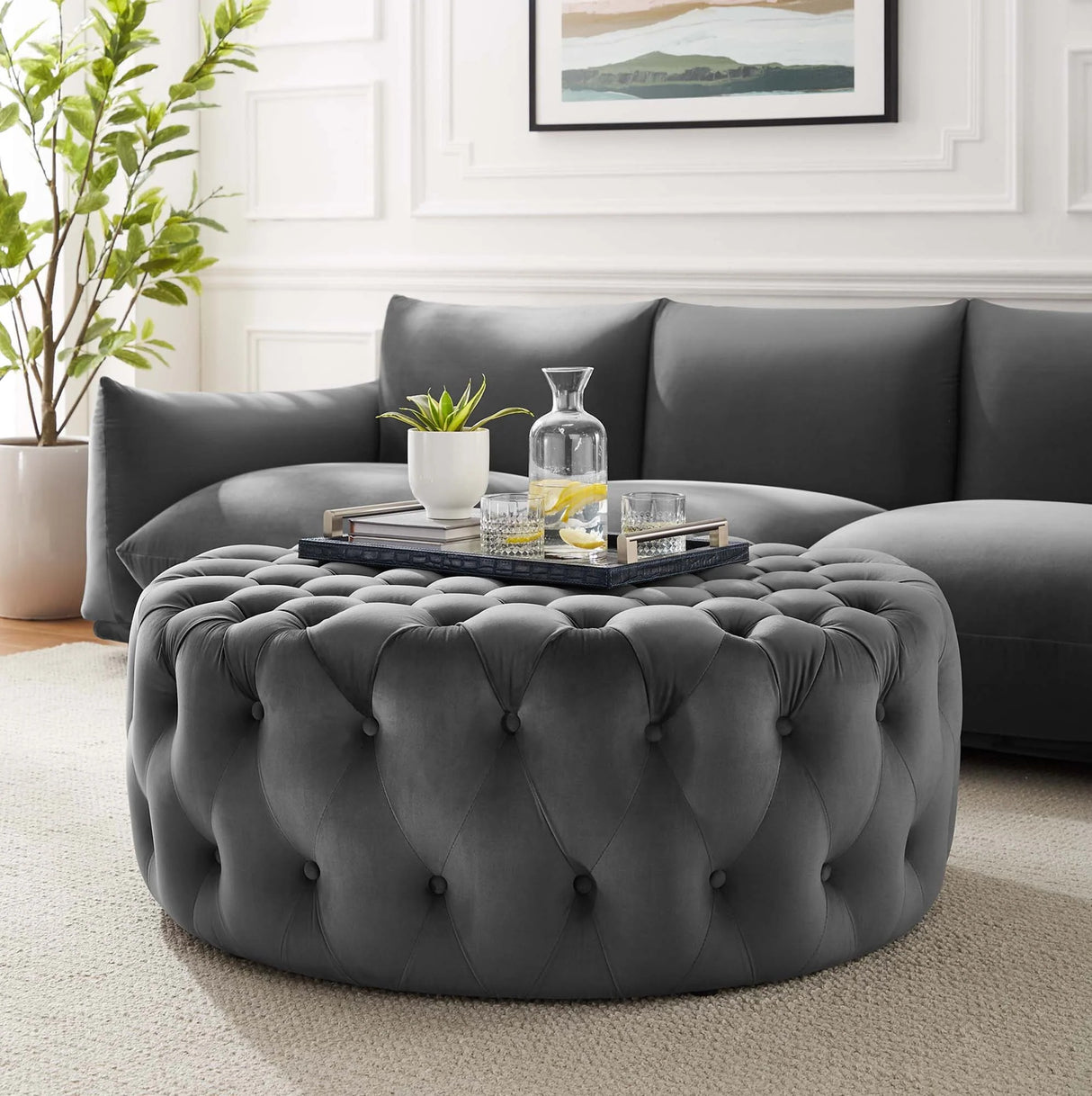 Large Round Tufted Velvet Ottoman – Upholstered 40 Inch