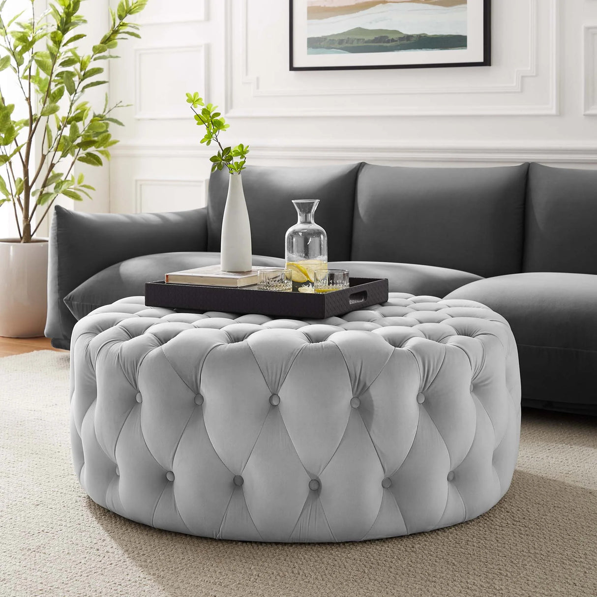 Large Round Tufted Velvet Ottoman – Upholstered 40 Inch